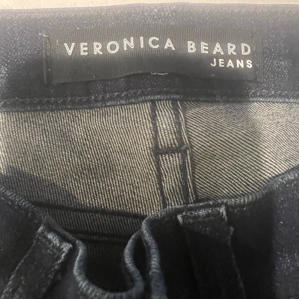 Veronica Beard Dark Blue Cropped Jeans with Red Side Stripes, hem is a raw edge - Picture 3 of 12